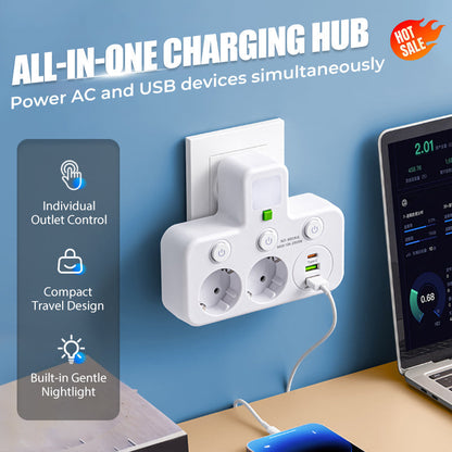 🎉Nieuwjaars Cadeau 50% KORTING!🔌Slanke Slimme Stekkerdoos (USB + Nachtlampje) – Individuele Schakelaars & Reisvriendelijk: Laad Meerdere Apparaten Tegelijk!